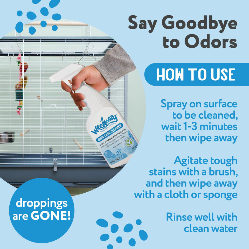 Wee Away Bird Cage Cleaner for Small Cages, Droppings Remover, Enzyme Cleaning Spray for Perches, Feeders, and Walls, Unscented, 16 fl oz 16 Fl Oz (Pack of 1)