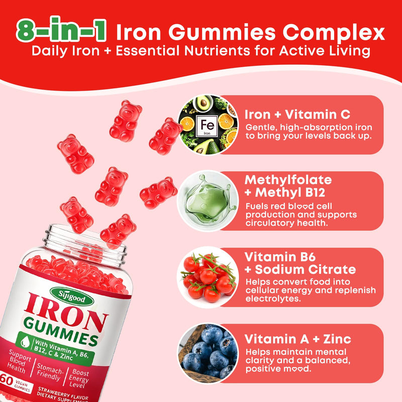 Sugar Free Iron Gummies for Women & Men, Iron Supplement, Vegan | for Anemia & Iron Deficiency, with Vitamin B12, Vitamin C, Zinc, Folate - Energy Boost, Strawberry Flavor, 60 Count 60 Count (Pack of 1)