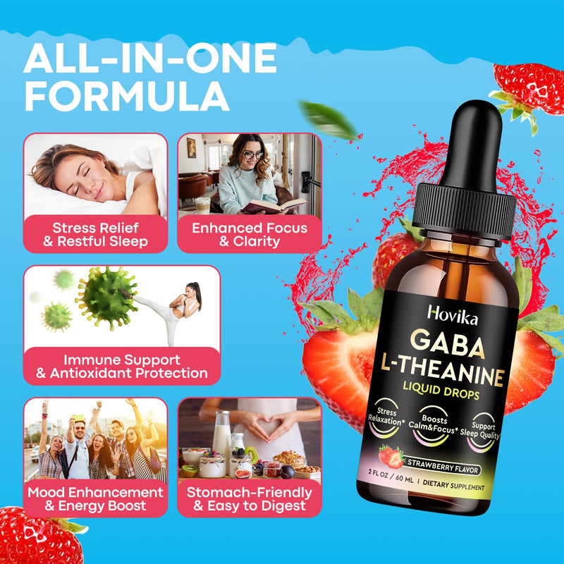 GABA L-Theanine Drops - Liquid GABA L-Theanine Supplement with L-Theanine, Ashwagandha, Magnesium Glycinate, Vitamin C, B6 - Support Sleep, Relaxation, Calm Mood & Focus - Strawberry Flavor, 2 Fl Oz 2 Fl Oz (Pack of 1)