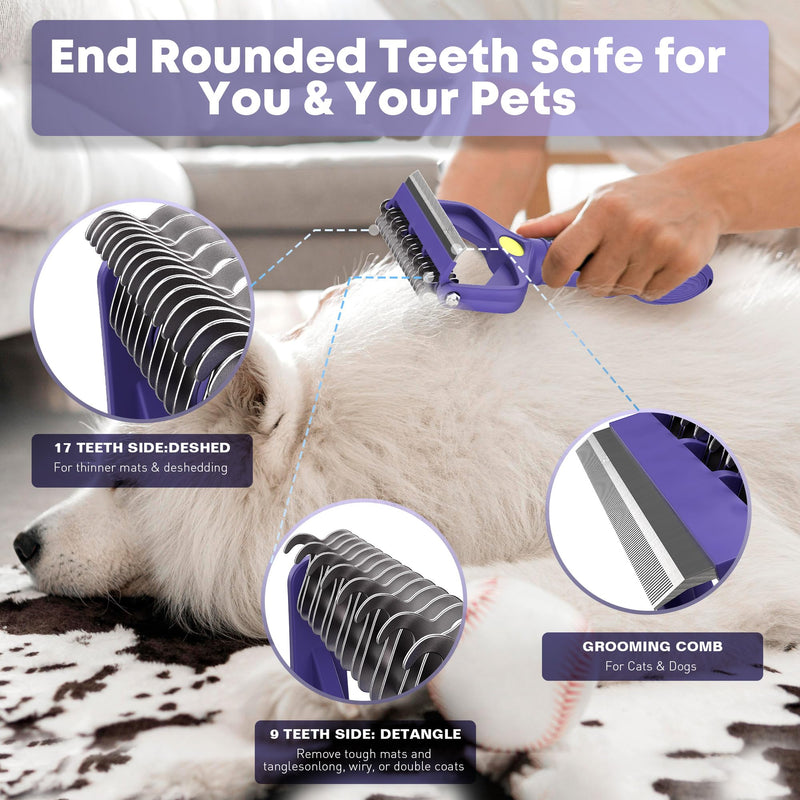 Dog Grooming Brush, Dematting Comb for Dogs and Cats, Pet Grooming Rake for Dogs, Cat Undercoat Deshedding Brush, 3 in 1 Upgraded Version Undercoat Rake for Thick Hair Pets 3 SIDES(3 IN 1) PURPLE - BeesActive Australia