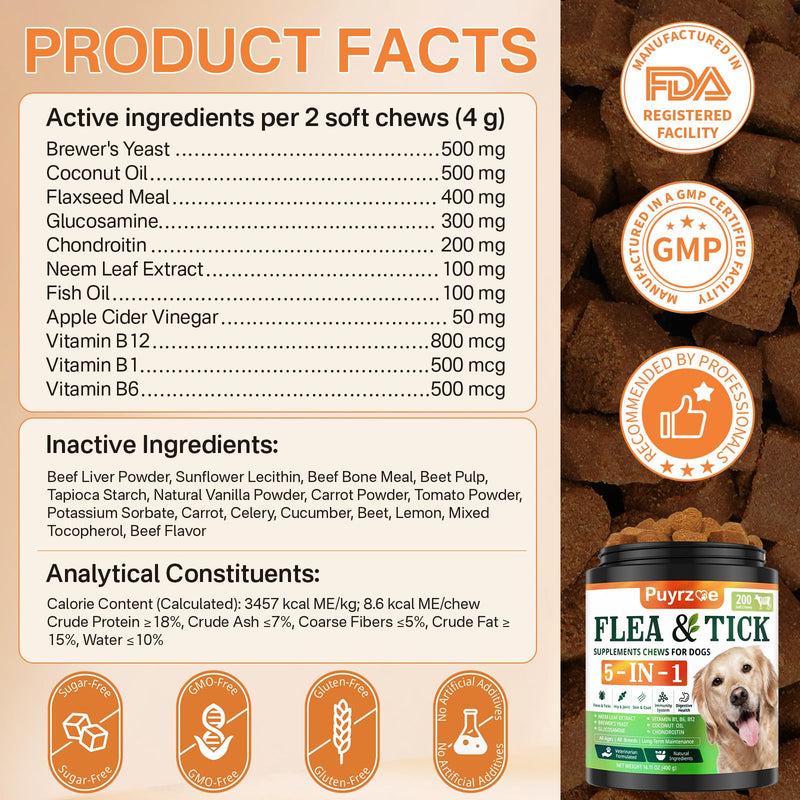 Puyrzoe 5-in-1 Dog Flea and Tick Treatment Chewable, Natural Flea and Tick Prevention for Dogs Chewable - Flea & Tick | Hip & Joint | Skin & Coat | Immunity Support | Digestive for All Breeds & Sizes