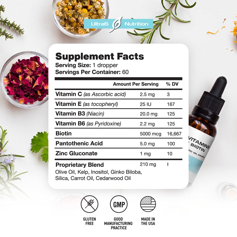 Ultra6 Nutrition Liquid Biotin with Hair Vitamins - Vitamin C, E, B6 & Organic Coconut Oil - Liquid Biotin for Hair, Skin, Nails and Immunity Support 2 Fl Oz (Pack of 1)