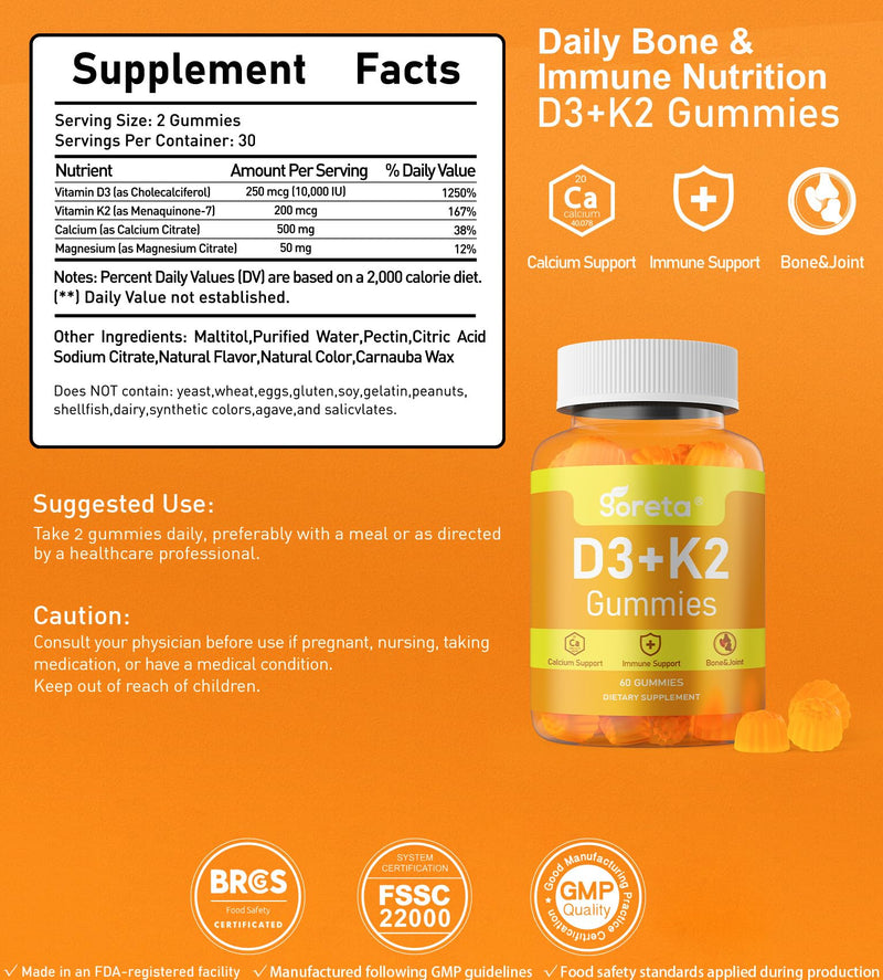 Vitamin D3 K2 Gummies 10,000 IU, MK-7, Calcium & Magnesium, 60 Count | Bone, muscle & immune support*; for adults; orange flavor; pectin-based; 2 gummies daily; 30-day supply