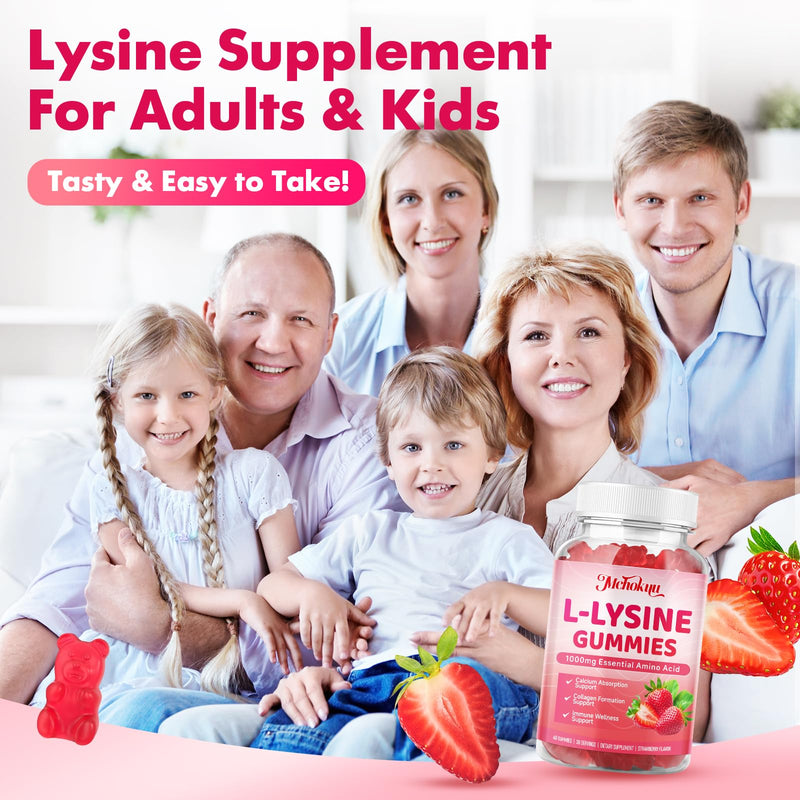 L-Lysine 1000mg Gummies, Chewable Lysine Supplement for Adults & Kids Immune Support, Essential Amino Acid, Vegetarian, Non-GMO, Sugar-Free, Gluten Free, Strawberry Flavor, 120 Counts 60 Count (Pack of 2)