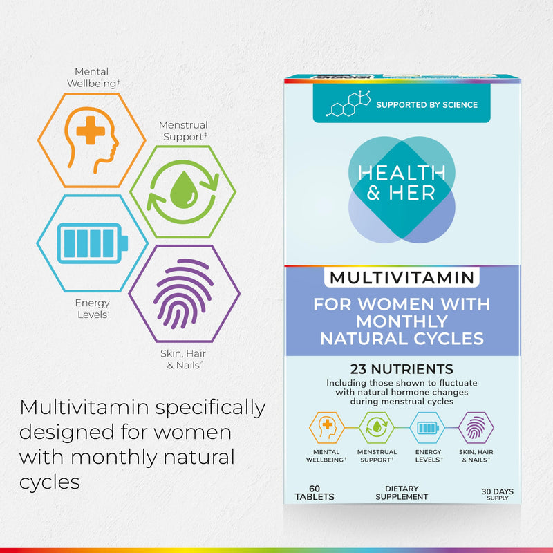 Health & Her Natural Cycles, Women's Multivitamin, Vegan, 30 Day Supply | Daily dietary supplement with iron, magnesium & calcium for support during menstural cycles; Vegan, gluten free; 60 Tablets