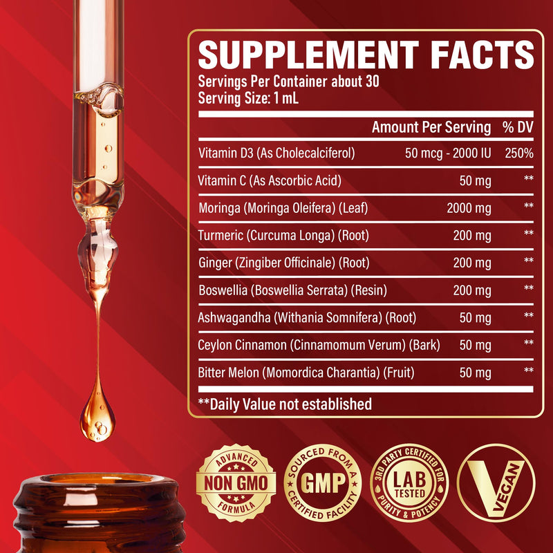 9in1 Moringa Liquid Drops with Vitamin D3-C, Ceylon Cinnamon, Ashwagandha, Ceylon Cinnamon, Bitter Melon and More - Immune System - 1 FL Oz - 30 Day Supply