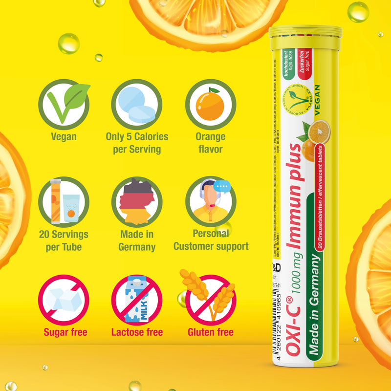 T&D Oxi C 1000 mg Vitamin C - 40 Vegan Drink Effervescent Tablets - Orange Flavor - Made in Germany | Boost immunity fast with potent antioxidants in refreshing, easy-dissolve, vegan-friendly orange effervescent tablets! Vitamin C 1000 mg 40 Servings