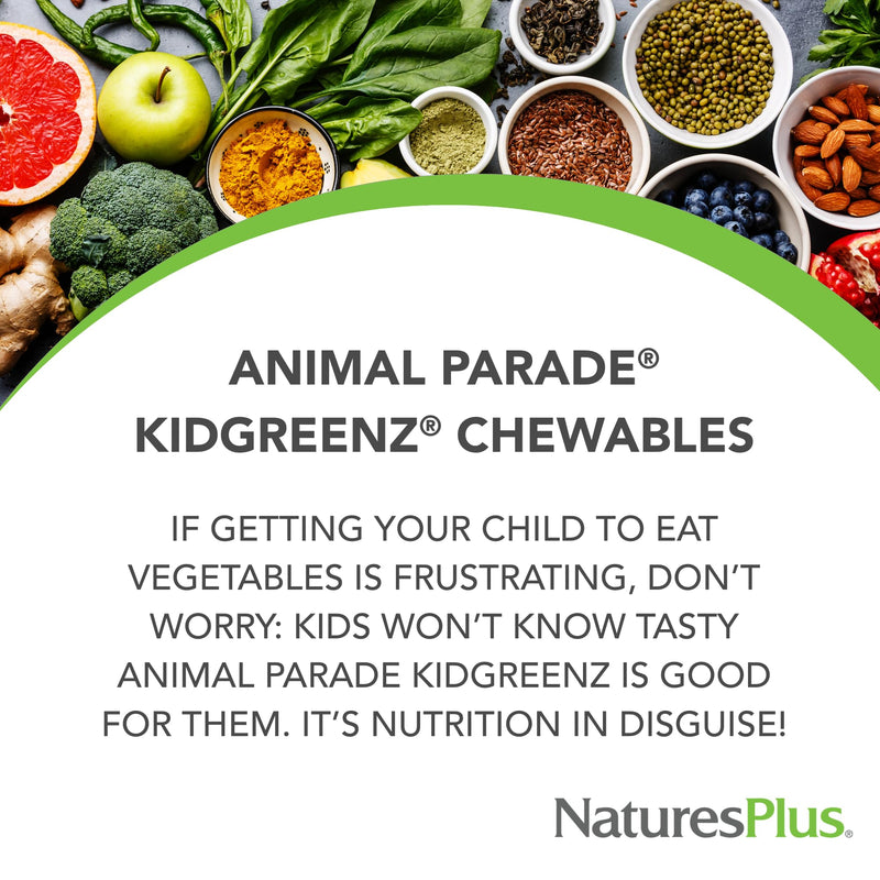 NaturesPlus Animal Parade KidGreenz, Tropical Fruit Flavor - 90 Animal-Shaped, Chewable Tablets - Pack of 2 - With Broccoli & Spinach - Vegetarian, Gluten Free - 180 Total Servings