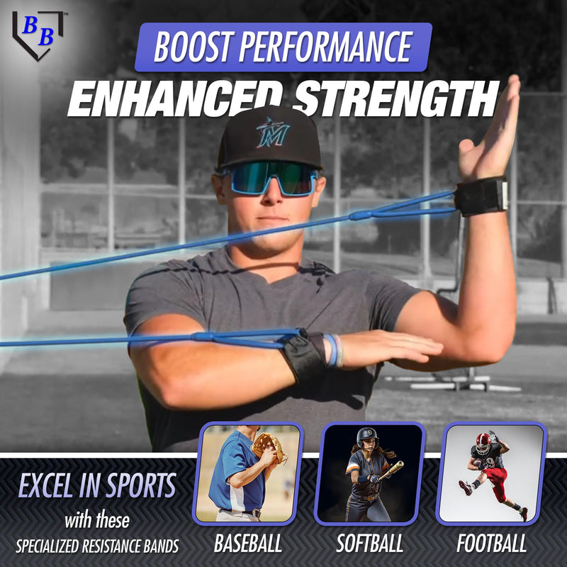 BB Bands Baseball Softball Resistance Training Bands - Arm Strength, Pitching Conditioning Equipment, 3 Strengths (Youth, Adult, Heavy), 7 Colors, Includes Anchor Strap, Door Mount, Bag, Workout Guide Black