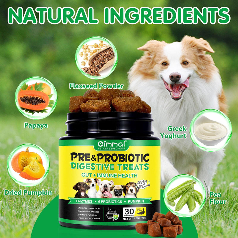 Probiotics for Dogs, 30 Soft Chews with Prebiotics, Pumpkin & Flaxseed | Supports Normal Gut Flora, Digestive Function, Skin & Coat Condition, and Everyday Wellbeing | Duck Flavour