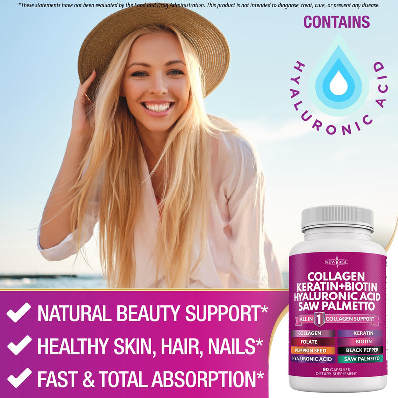 NEW AGE Collagen Pills Biotin Keratin Saw Palmetto Hyaluronic Acid - Hair Skin and Nails Vitamins and DHT Blocker with Vitamin E Folic Acid Pumpkin Seed MSM- 90 Count 90 Count (Pack of 1)
