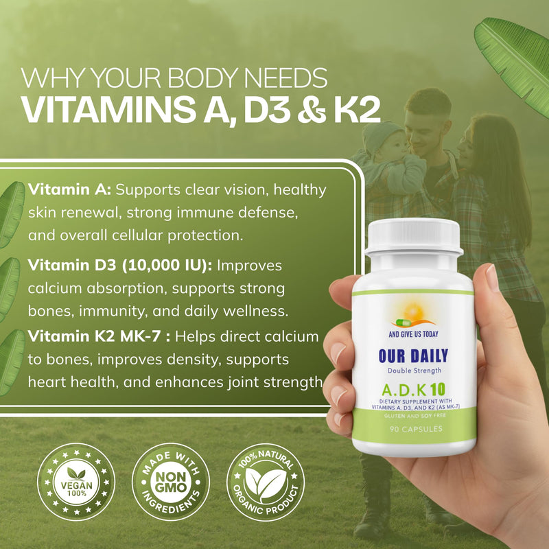 Daily Vites, ADK 10 Vitamin Supplement – 180 Capsules – High Potency Vitamin A, D3 10,000 IU & K2-MK7 – Physician Formulated for Bone, Heart & Immune Support – Non-GMO, Gluten Free (2 Pack) 90 Count (Pack of 2)