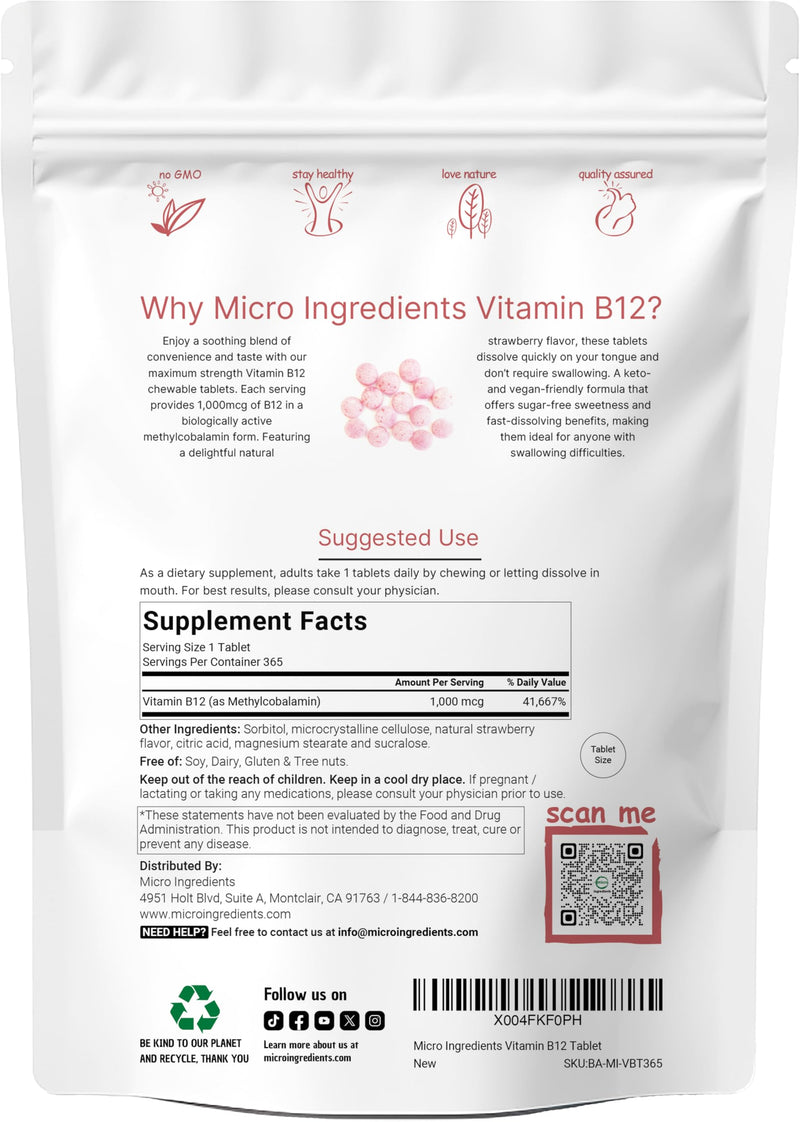 Micro Ingredients Vitamin B12 1,000 mcg | Methylcobalamin – 365 Chewable Tablets | Fast Dissolve, Natural Strawberry Flavor | Supports Energy & Metabolism Health | Vegan, Non-GMO, Gluten Free
