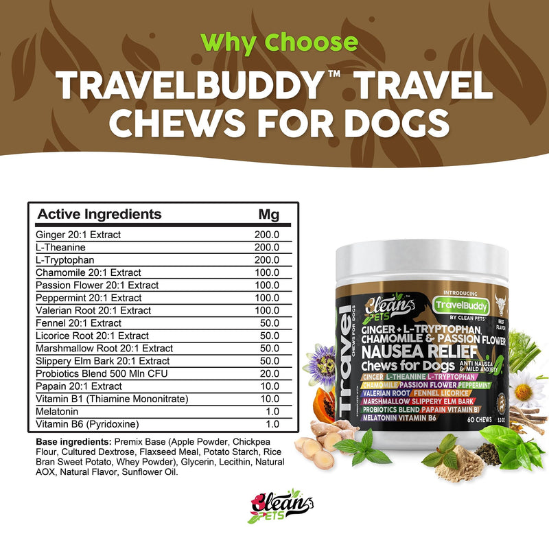 Clean Pets Travel Chews Nausea Relief for Dogs | Ginger L-Tryptophan Chamomile Passion Flower L-Theanine Peppermint Valerian Root Fennel Licorice Root Marshmallow Root Slippery Elm Melatonin Chew 60 Count (Pack of 1)