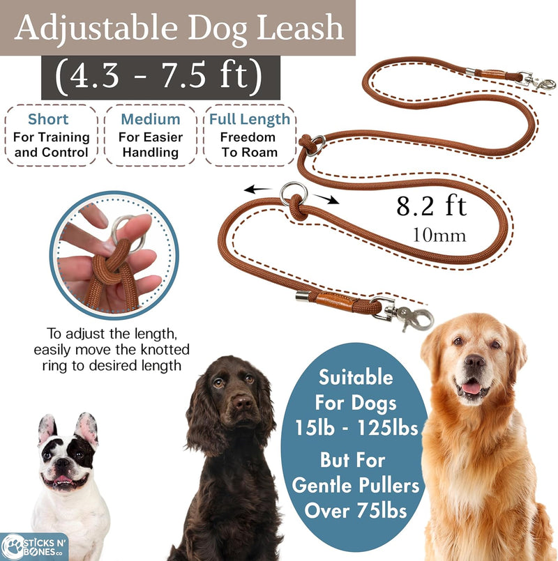 Sticks N' Bones co Hands Free Dog Leash Waist Leash for Dog Walking Running Crossbody, Multifunctional Dog Leash Adjustable Heavy Duty Leash 2 Dogs Dual Handle Slip Lead Puppy Training Leash 8.2 FT (from Clasp to Clasp) x 10mm Honey Brown - BeesActive Australia