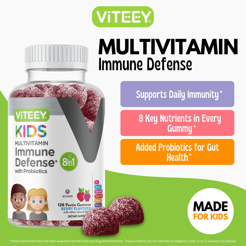 Viteey Kids Multivitamin Gummies with Probiotics - 8-1 Kids Vitamins Gummy | for Immune Health Support with Vitamin C, Echinacea, B12, B6, Zinc, Elderberry, Selenium - Vegan - Chewable Berry Flavored 120 Count (Pack of 1)