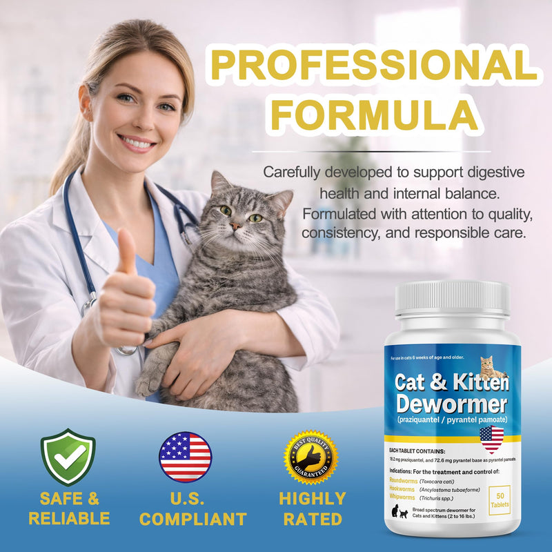Praziquantel & Pyrantel Pamoate for Cats & Kittens, Dewo-mer for All Wormers, Tapeworms, Hookworms, Roundworms, Supports Digestive Health & Internal Balance, 50 Tablets