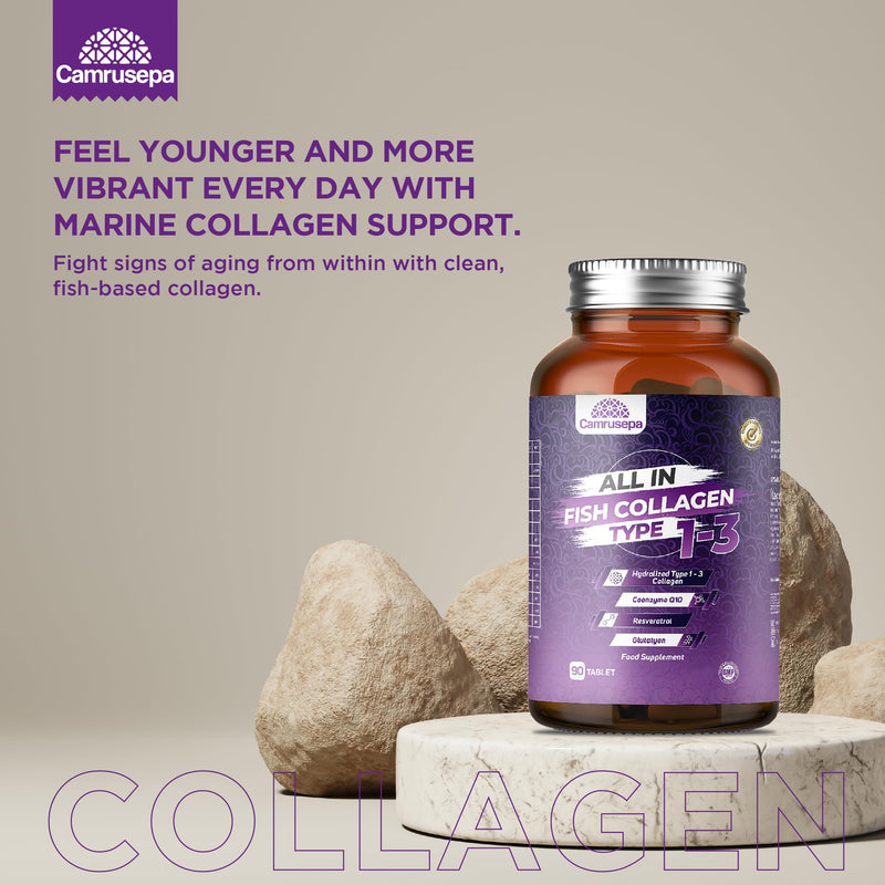 All in Fish Collagen Type 1-3 – Marine Collagen Tablets with Hyaluronic Acid, Resveratrol, Glutathione, Selenium, Zinc & Vitamins – Hair, Skin, Joint & Nail Support – 90 Tablets
