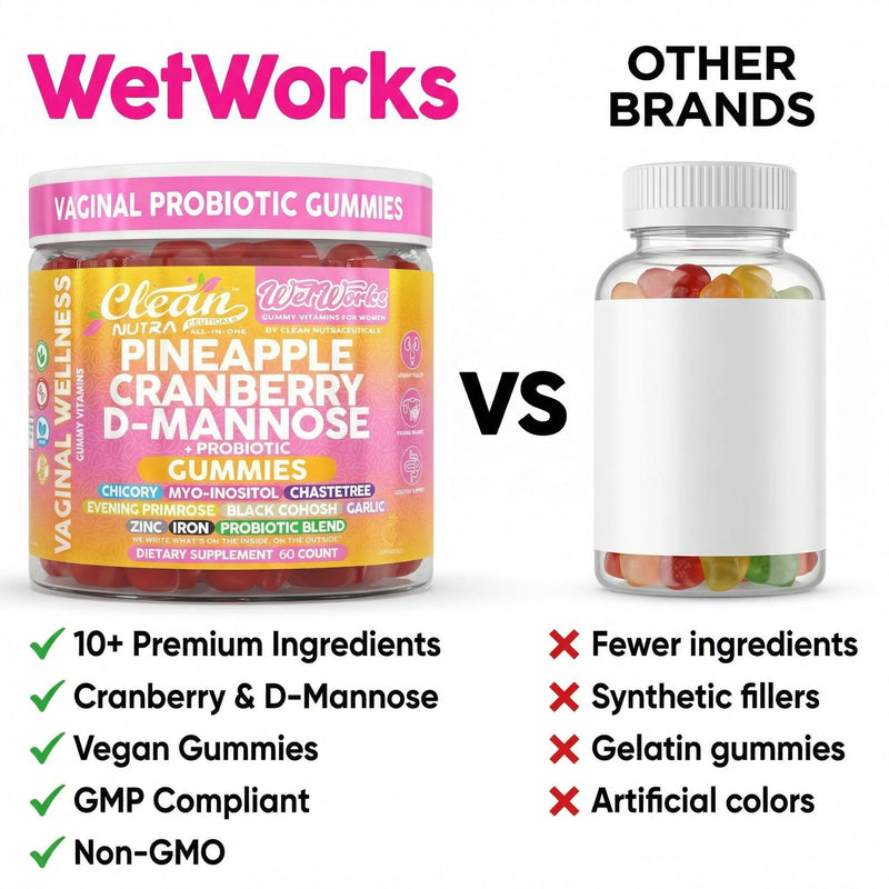 Wet Works Women's Vaginal Probiotic Gummies Pineapple Cranberry Folic Acid D-Mannose Vitamin C Chicory Myo Inositol Garlic Black Cohosh Zinc Iron Evening Primrose Chastetree 60 Count by Clean Nutra