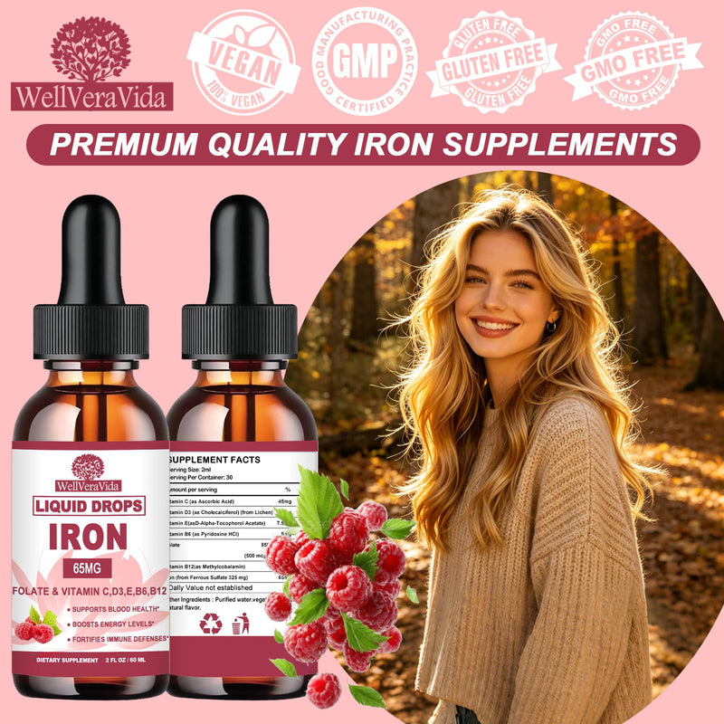 Iron Supplement for Women, Liquid Iron Drops 65mg w. Vitamin C & B Complex | Gentle Iron Drops for Iron Deficiency, Energy, Blood Health, Red Blood Cell Support, Gentle Digestion, Sugar-Free Raspberry