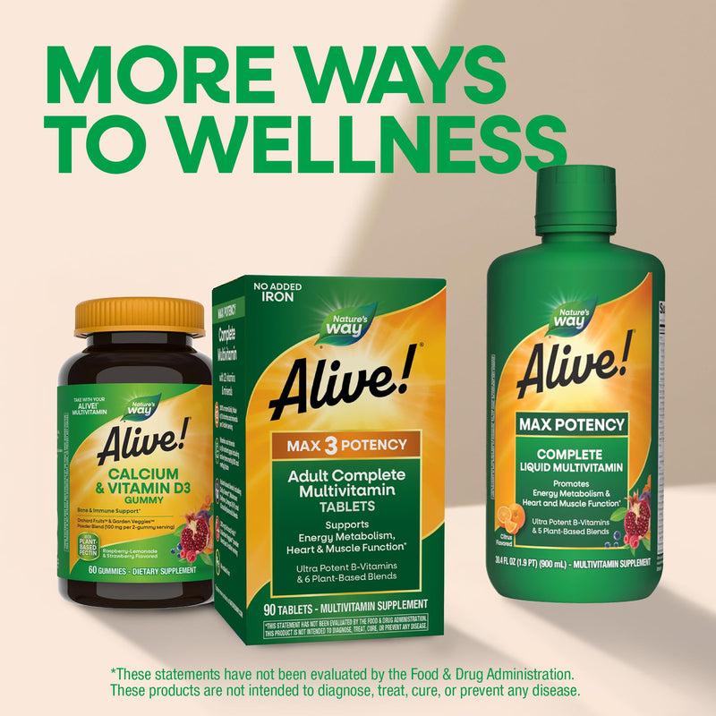 Nature's Way Alive! Max3 Potency Daily Multivitamin, No Iron Added, 180 ct | High Potency Adult Multivitamin Tablets to Support Cellular Energy Metabolism, Heart, and Muscle Function for Women & Men* 180 Count (Pack of 1)