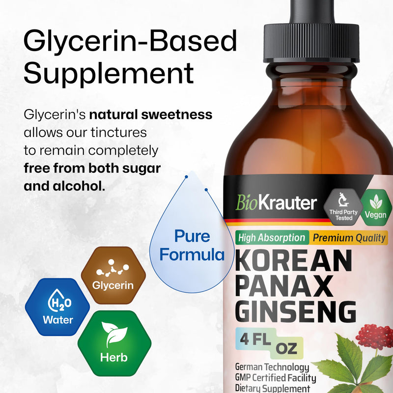 BIO KRAUTER Korean Red Ginseng Extract Liquid - Alcohol & Sugar Free Panax Ginseng Supplement - Vegan Immune Support Supplement - 4 Fl. Oz. 4 Fl Oz (Pack of 1)