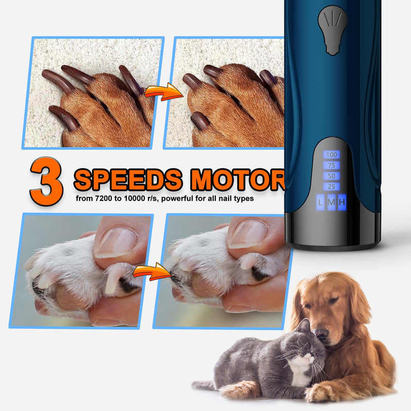 YABIFE Claw Grinder for Dogs, Electric Dog Claw Trimmer, Super Quiet Dog Claw File, Animal Claw Grinder for Small Large Dogs Cats Claw Care & Pet Grooming, 3 Speeds Dark Blue - BeesActive Australia