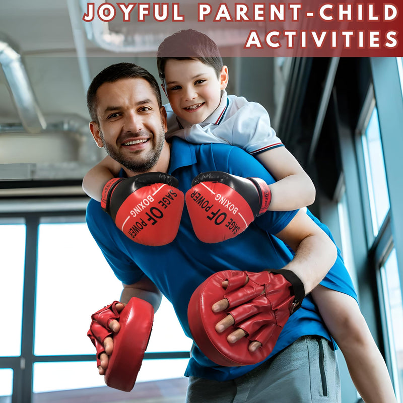 3-in-1 Boxing Gloves and Punching Mitts Set for Kids, Boxing Mitts Focus Pads with Hand Wraps for Kid, Youth Leather Punching Equipment Gloves Set for MMA, Karate, Muay Thai, Taekwondo Red