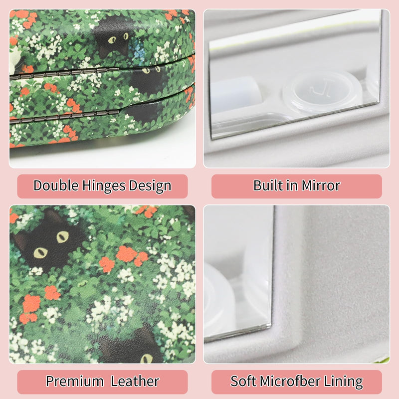 2 in 1 Contact Lens Case and Eyeglasses Case for Women Men Kids, Double Sided Hard Shell Portable Glasses Travel Holder with Built-in Mirror, Contact Lens Box Storage Kit (Green Cat) Green Cat