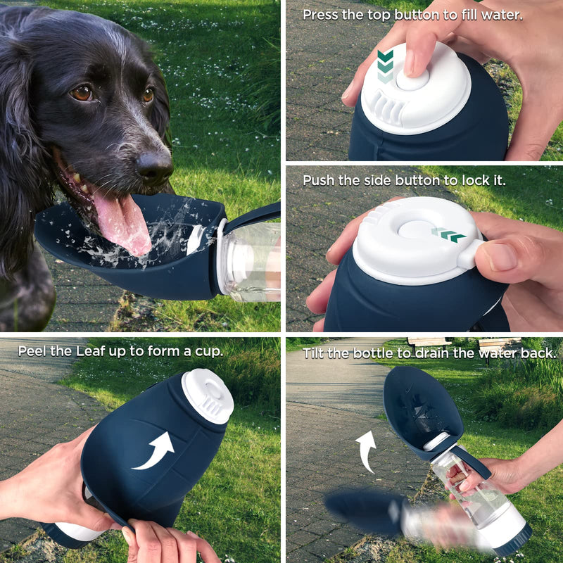 Dog Water Bottle, Portable Pet Water Bottle with Food Container and Drinking Feeder, Leak Proof, BPA-Free, Foldable Puppy Water cup Dispenser for Outdoor Walking, Travel, Hiking 20OZ Dark Blue/20oz - BeesActive Australia