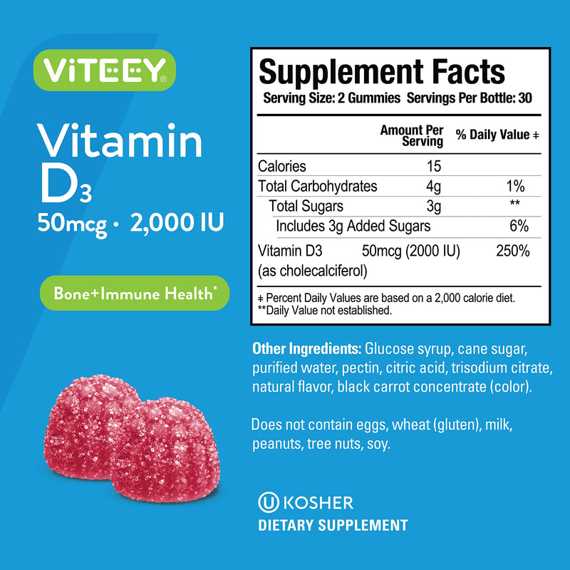 Viteey Vitamin D3 Gummies for Adults & Teens - 2,000 IU, 50mcg | Regular Strength - Joint & Muscle Health, Immune Boost - Chewable Vitamin D Gummies - Vegetarian, Gelatin Free - 60 Count 60 Count (Pack of 1)
