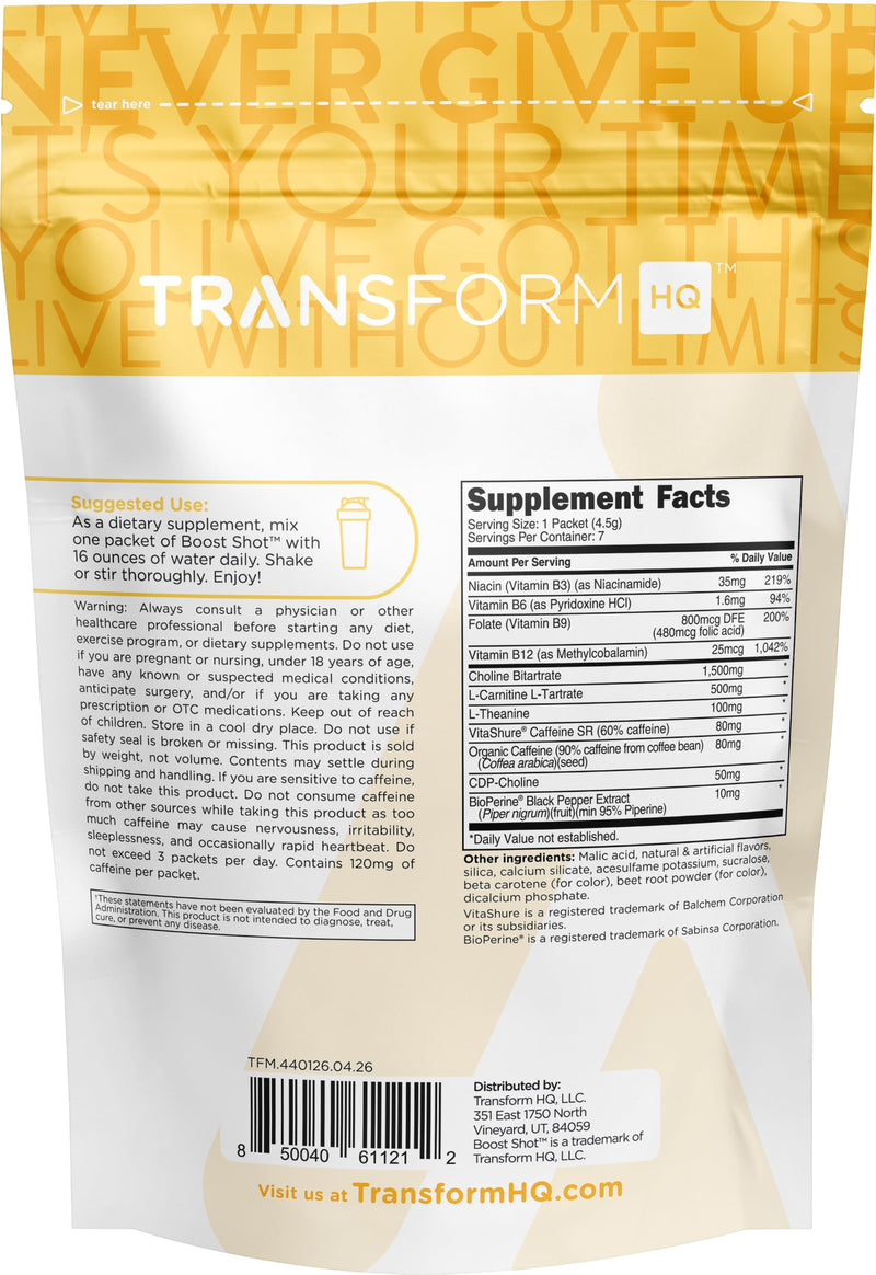 TransformHQ Boost Shot Powder Drink Stick Packets (Peach Mango) 7 Pack | Energy Supplements for Women & Men, with Caffeine, Vitamin B12, B9, B6 & B3 Peach Mango