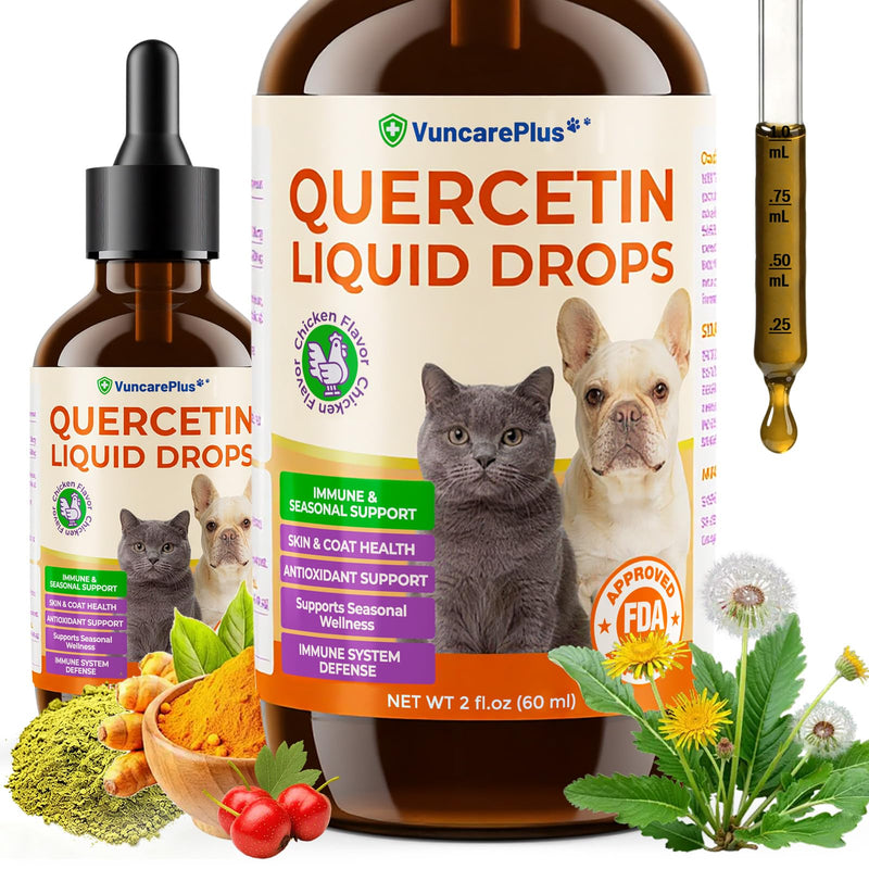 Quercetin Drops for Dogs & Cats, Dog Allergy Relief Liquid Supplement with Chicken Flavor, Supports Itchy Skin, Paw Licking, Hot Spots, Immune & Seasonal Wellness, 2 fl oz