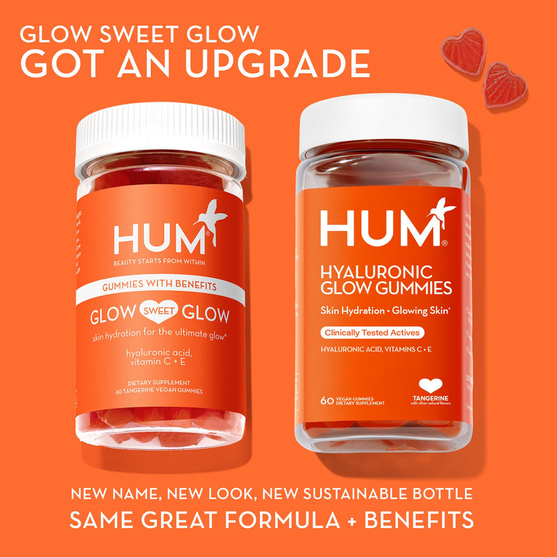 HUM Hyaluronic Glow Gummies Hyaluronic Acid, Vitamin C, Tangerine, 60 Count | Low Molecular Hyaluronic Acid, Vitamin C from Amla Fruit, Vitamin E, Tangerine Flavor, Vegan 60 Count (Pack of 1)