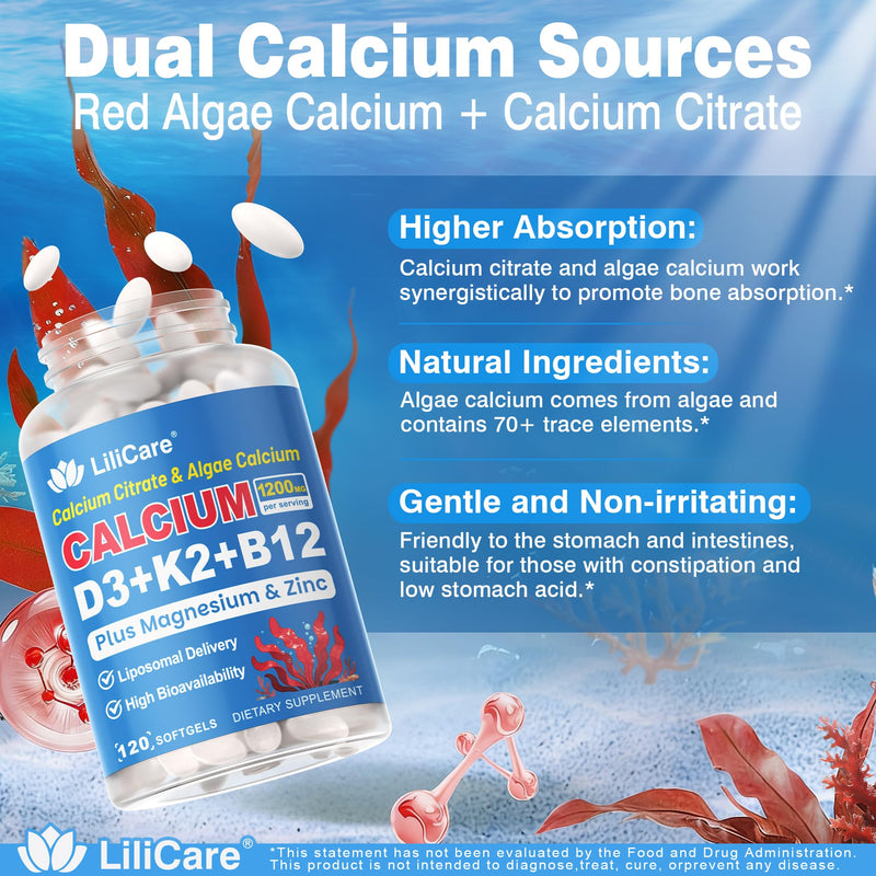 Calcium 1200 mg with Vitamin D3 K2 5000 IU Softgels Supplement for Women Men - Liposomal Calcium Citrate & Algae Calcium Magnesium Zinc + D3 K2 B12, Plant-Based Vegan Vitamin D, Boron for Bone, 2 Pack 120 Count (Pack of 2)