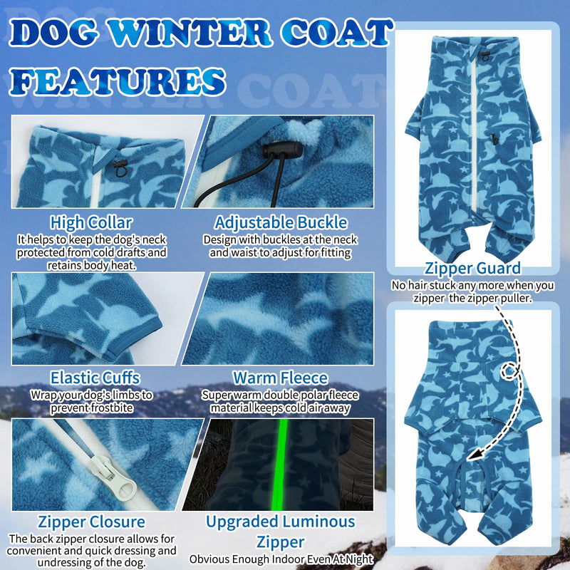ROZKITCH Dog Winter Coat Soft Fleece Pullover Pajamas, Pet Windproof Warm Cold Weather Jacket Vest with Luminous Zipper, Jumpsuit Apparel Outfit Clothes for Small Medium Large Dog Shark XL XL(Back Length:21.2") Blue-shark - BeesActive Australia