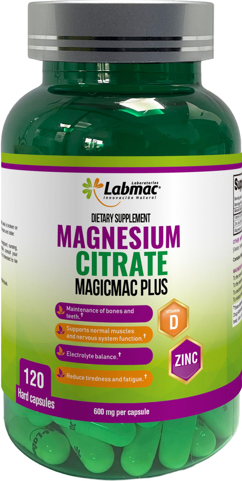 Magnesium Citrate 600mg, 120 Capsules - 3-in-1 Magnesium Citrate Capsules with Vitamin D3 and Zinc Supplements - citrato de magnesio for Muscle, Nerve Function, Healthy Bones, Teeth, Fatigue/Tiredness
