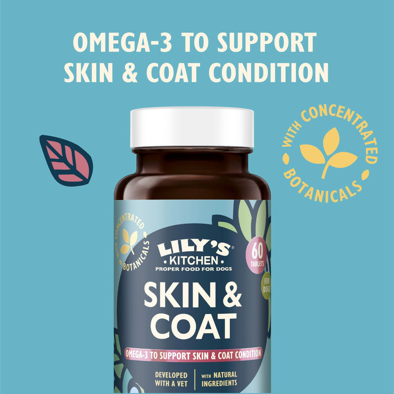 Lily’s Kitchen Skin & Coat Supplements for adult dogs & senior dogs. 60 Tablets. Made with Natural Ingredients, Hyaluronic acid, Biotin & Vitamin C and Fish oil powder One Size