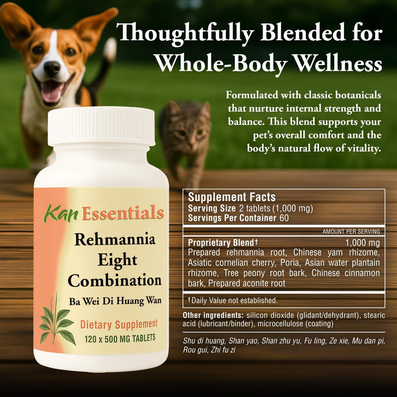 Kan Herb Company Rehmannia Eight Combination – Traditional Chinese Herbal Blend for Dogs & Cats to Support Kidney Health, Vitality, & Hormonal Balance, Herbal Supplement Tablets for Pets, 120 Tablets 120 Count (Pack of 1)