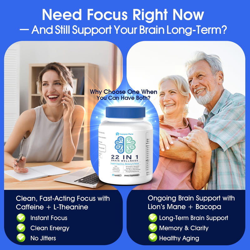 Brain Supplements for Memory and Focus - 22-in-1 Brain Supplement with Alpha GPC, Citicoline, Vitamin B12, Bacopa, Lion’s Mane, DHA - Brain Health for Clarity, Energy & Cognitive Support, 90 Count White 90 Count (Pack of 1)