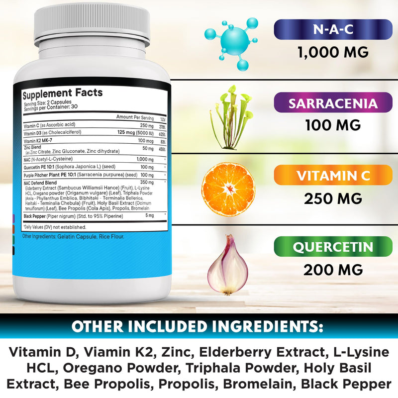 NEW AGE NAC Supplement N-Acetyl Cysteine- with Vitamin D3, K2, Zinc, Quercetin, Triphala, Sarracenia Purpurea, Elderberry, Holy Basil, Bee Propolis, Bromelain, L-Lysine - 180 Count 60 Count (Pack of 3)