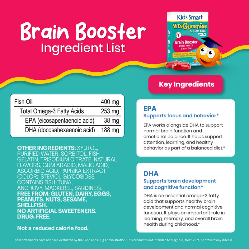 KIDS SMART Brain Booster Omega-3 DHA EPA Gummies, Focus & Memory, Kids 2+ | Omega-3 DHA + EPA Fish Oil Gummies, 27 Count, Sugar-Free, Gluten-Free, Non-GMO, Supports Focus, Memory, Learning & Behavior