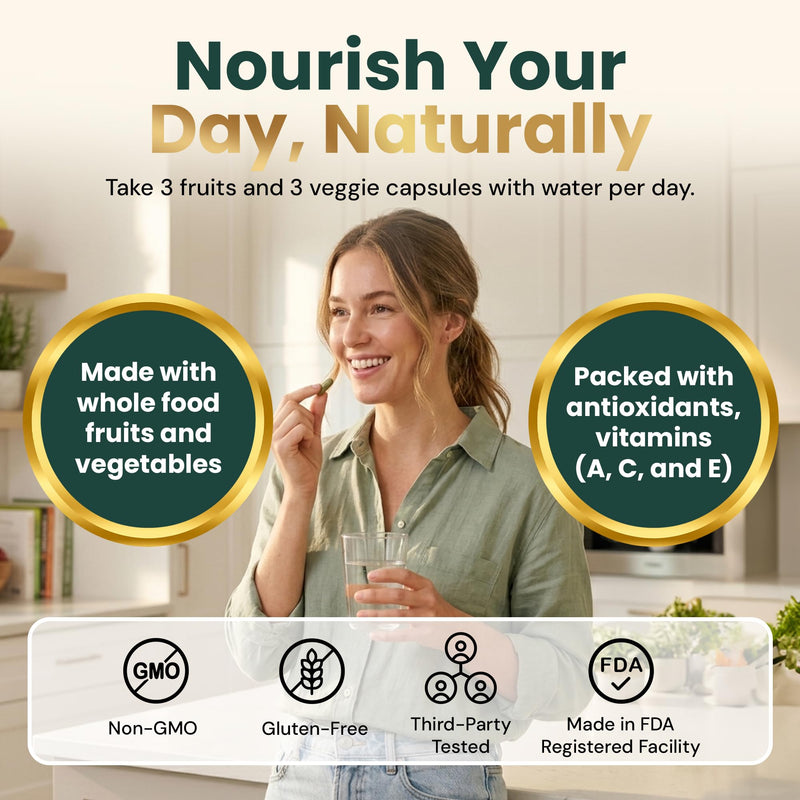 Fruits & Veggies Capsules – Whole Food Fruit & Vegetable Supplement – 90 Fruit + 90 Veggie Capsules (2 Bottle System) – Vegan, Non-GMO – No Powders or Mixing – Daily Nutrition for Men & Women