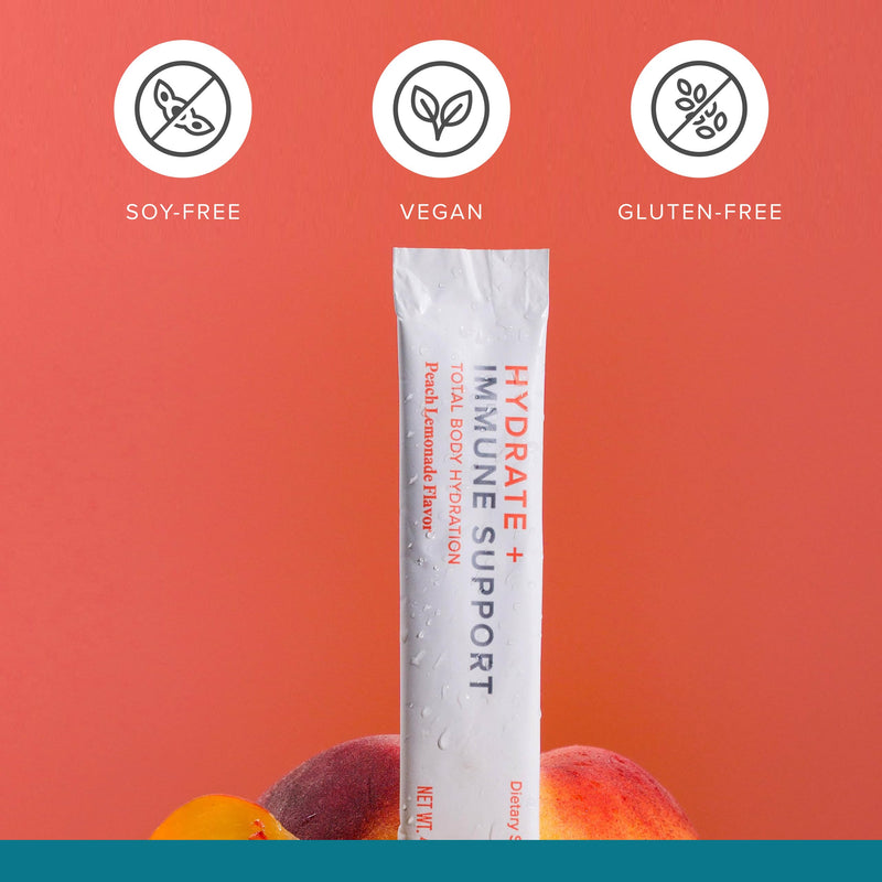 Isagenix Hydrate + Immune Support with Whole-Food Sourced C, D Vitamins - Superior Hydration with 1625+ mg of Essential Electrolytes - No Added Sugar Peach Lemonade Flavor 0.2 oz Sticks 24 Servings