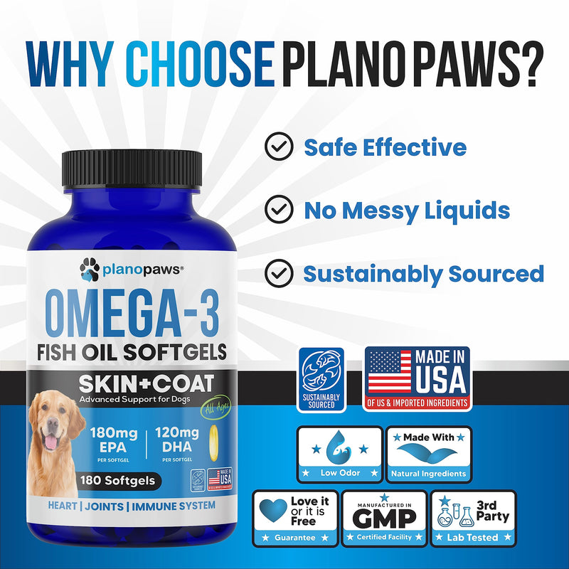Omega 3 Fish Oil for Dogs Capsules - Salmon Oil for Dogs - Dog Fish Oil Supplement May Help Shedding, Allergy, Itching - Support Dry Skin, Joints - Dog Skin and Coat Supplement - 180 Fish Oil Pills 180 Count - PawsPlanet Australia