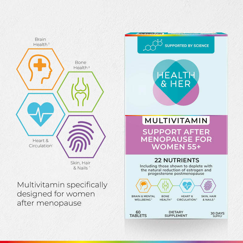 Health & Her Multivitamin for Women 55+ & Postmenopausal, 30 Day Supply | Daily dietary supplement with 22 key nutrients for wellbeing after menopause; Vegan, gluten-free; 60 tablets