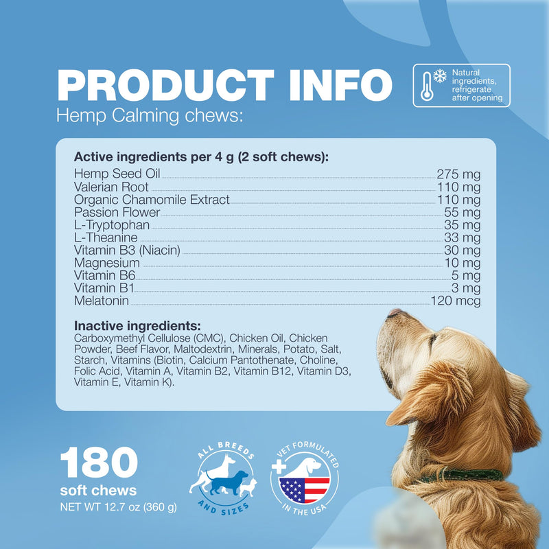 Hemp Calming Chews for Dogs - Dog Calming Treats - Anxiety Relief for Dogs with L-Theanine, Chamomile Extract, Valerian Root - Dog Anxiety Relief for Travel, Vet Visits, Thunderstorms, Nail Trimming - PawsPlanet Australia