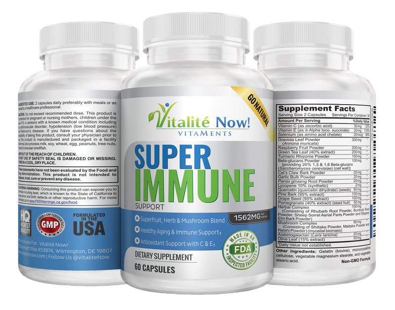 Vitalité Now! Super Wellness Immune Booster & Defense with Quercetin | Immunity Support 25 Vitamins, Herbs, Superfoods, Mushrooms - Vitamins C & E - Selenium - Turmeric - 60 Capsules