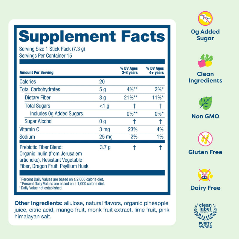 HIYA Kids Daily Fiber+ with Prebiotics, 12 Sticks, Island Punch Flavored | 10 Billion CFUs, Pediatrician Formulated, Non-GMO, No Dyes, No Gummy, for Ages 2+, Third-Party Tested, 0g Sugar