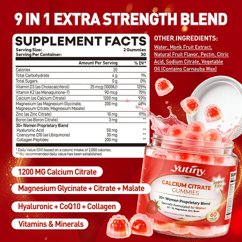 Calcium Supplement for Women Gummies 1200 mg, 60 Count | Calcium Citrate with Vitamin D3 K2 Magnesium Zinc, Overall Health, Sugar Free, Strawberry Flavor